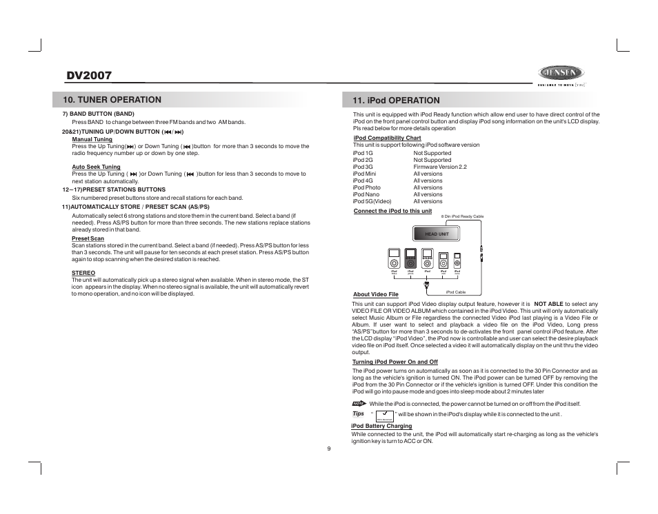 Dv2007, Tuner operation, Ipod operation | Jensen DV2007 User Manual | Page 9 / 22