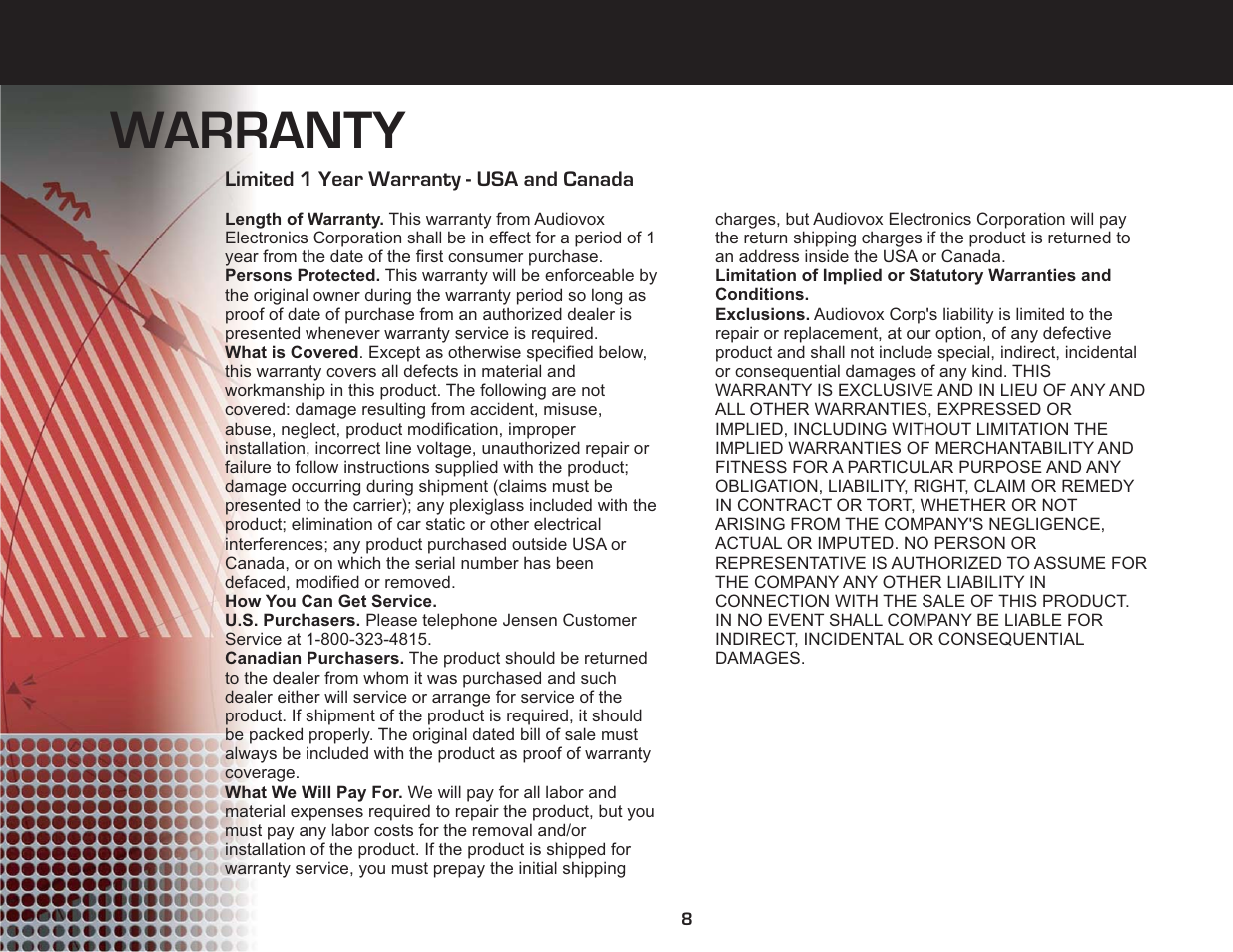 Warranty | Jensen XRS Series User Manual | Page 10 / 10