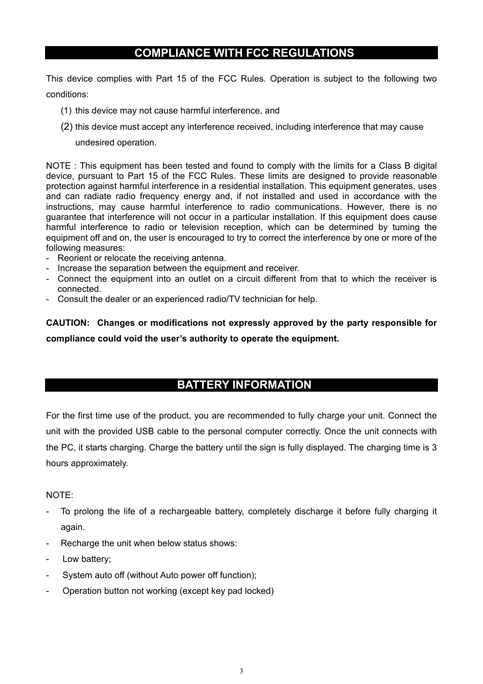 Compliance with fcc regulations, Battery information | Jensen SMPV-xGBTA User Manual | Page 4 / 18
