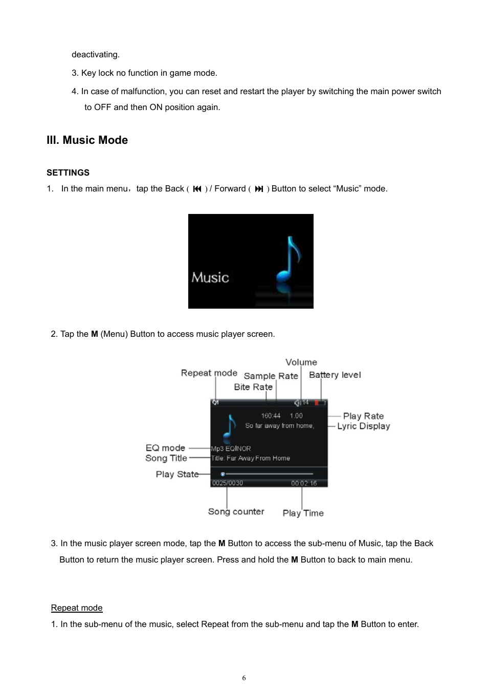 Iii. music mode | Jensen SMPV-xGBTA User Manual | Page 7 / 18