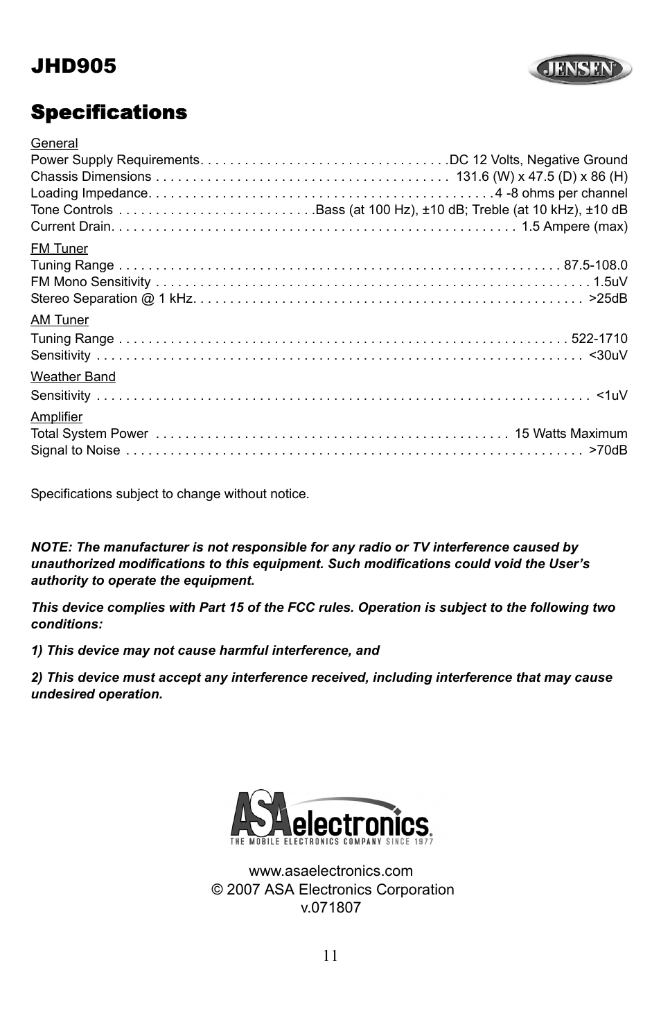 Jhd905, Specifications | Jensen JHD905 User Manual | Page 11 / 11