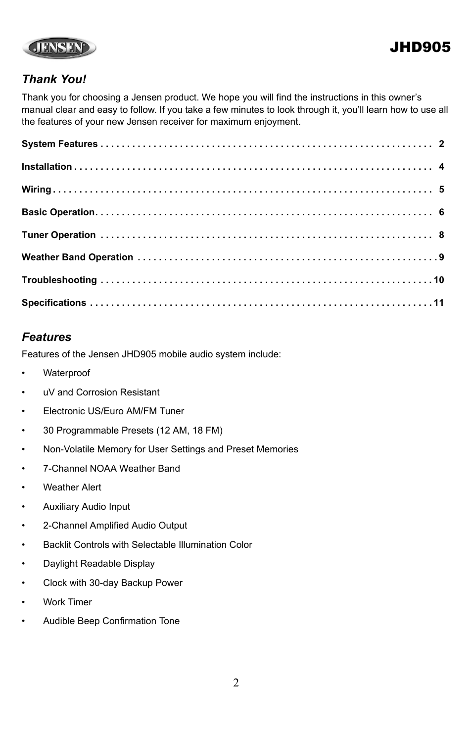 Jhd905, Features | Jensen JHD905 User Manual | Page 2 / 11
