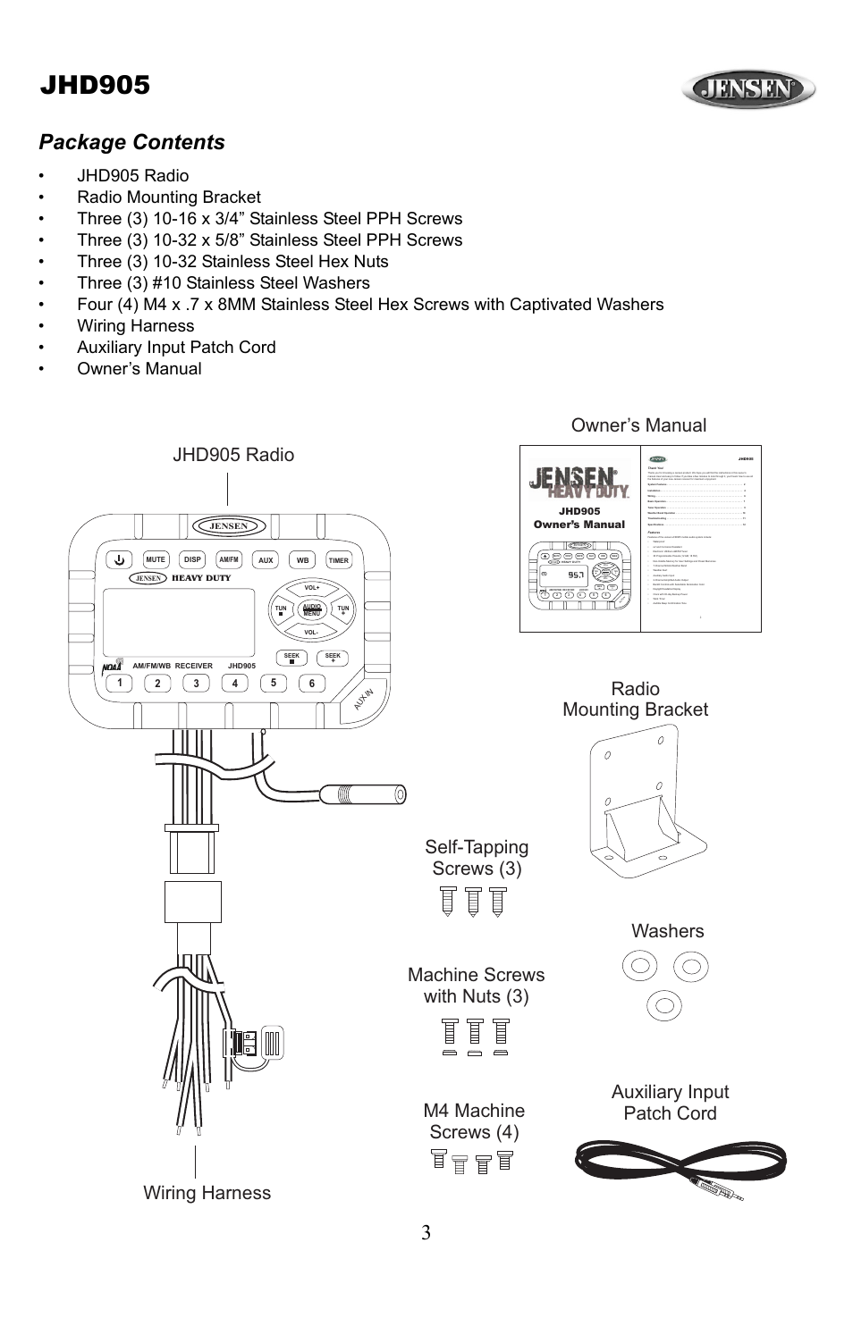 Jhd905, Package contents | Jensen JHD905 User Manual | Page 3 / 11