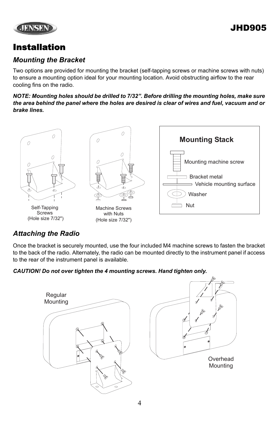 Jhd905, Installation, Mounting stack | Mounting the bracket, Attaching the radio | Jensen JHD905 User Manual | Page 4 / 11