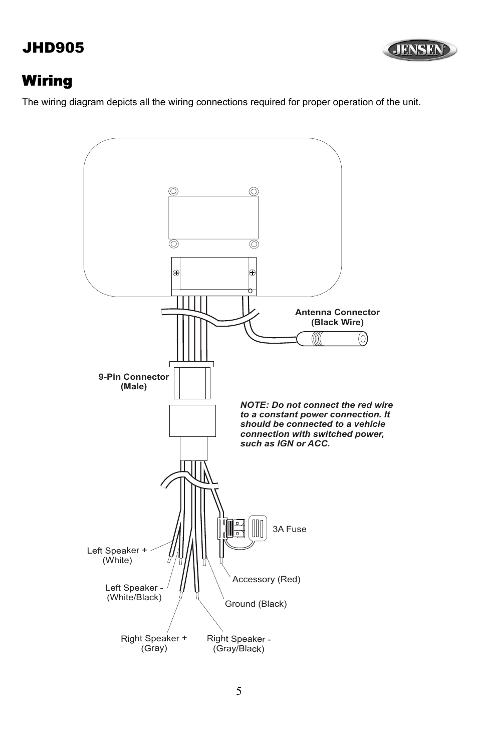 Jhd905, Wiring | Jensen JHD905 User Manual | Page 5 / 11