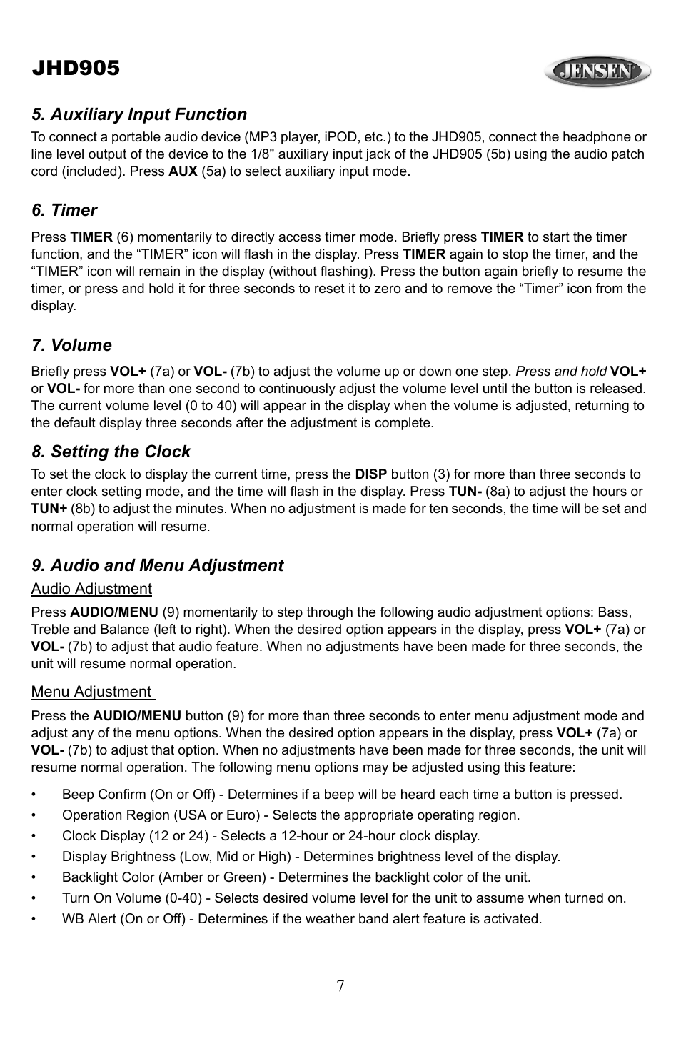 Jhd905 | Jensen JHD905 User Manual | Page 7 / 11