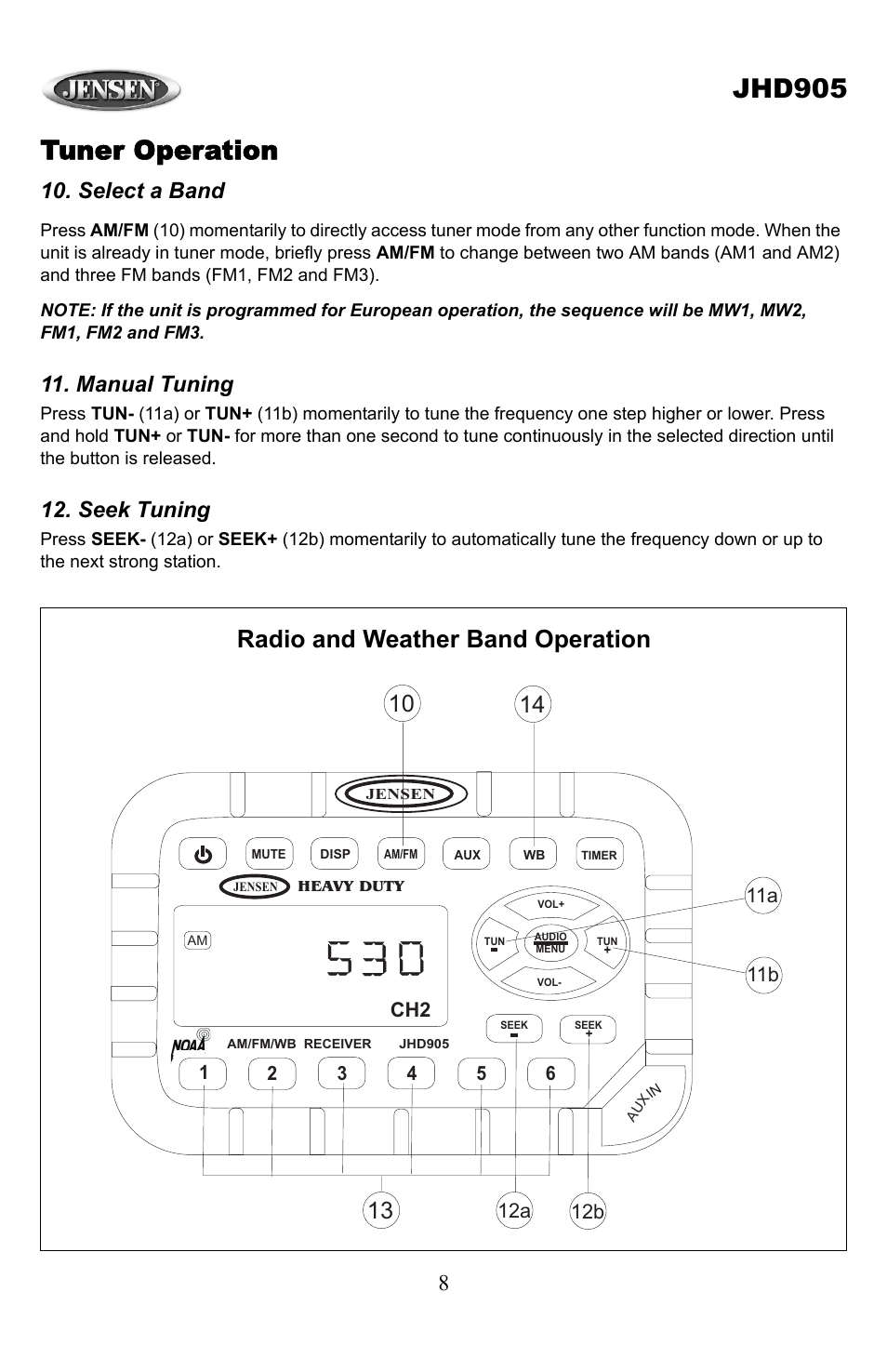 Jhd905, Tuner operation, Radio and weather band operation | Select a band, Manual tuning, Seek tuning | Jensen JHD905 User Manual | Page 8 / 11