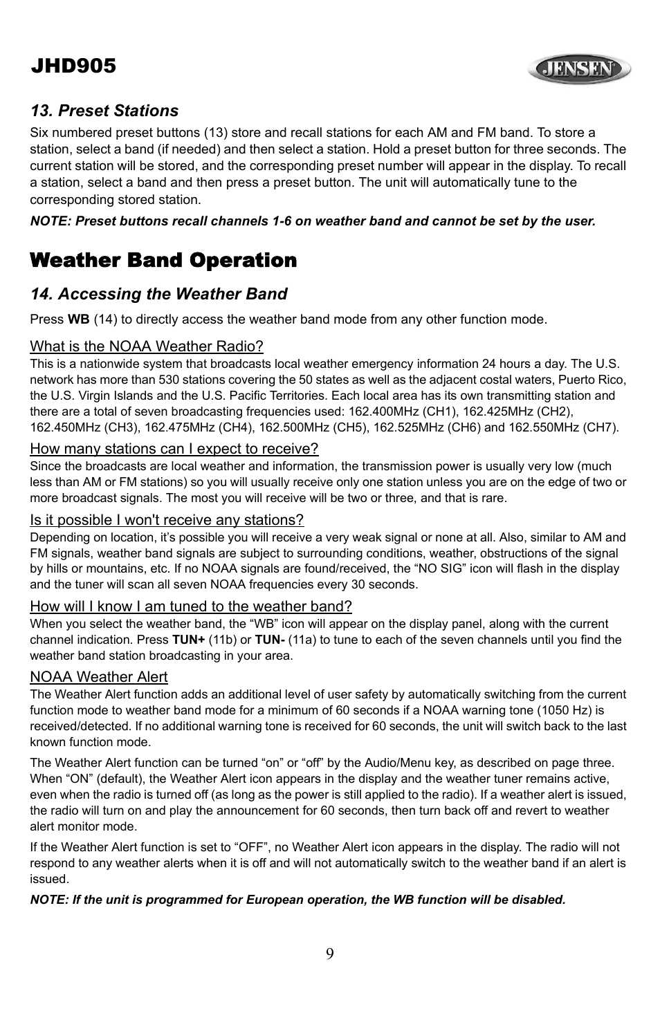 Jhd905, Weather band operation | Jensen JHD905 User Manual | Page 9 / 11