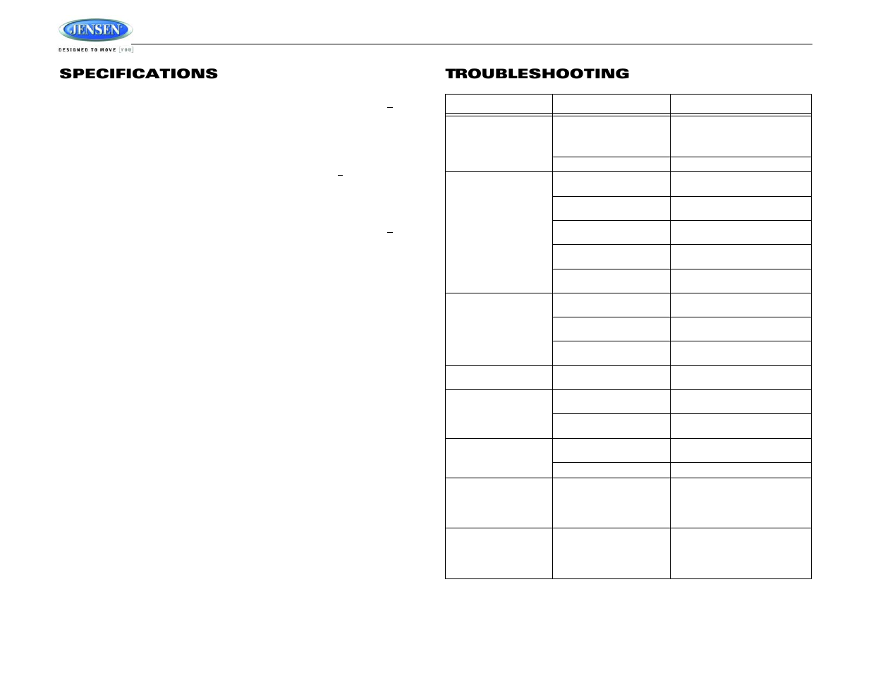 Jcd3010, Specifications, Troubleshooting | Jensen JCD3010 User Manual | Page 8 / 10