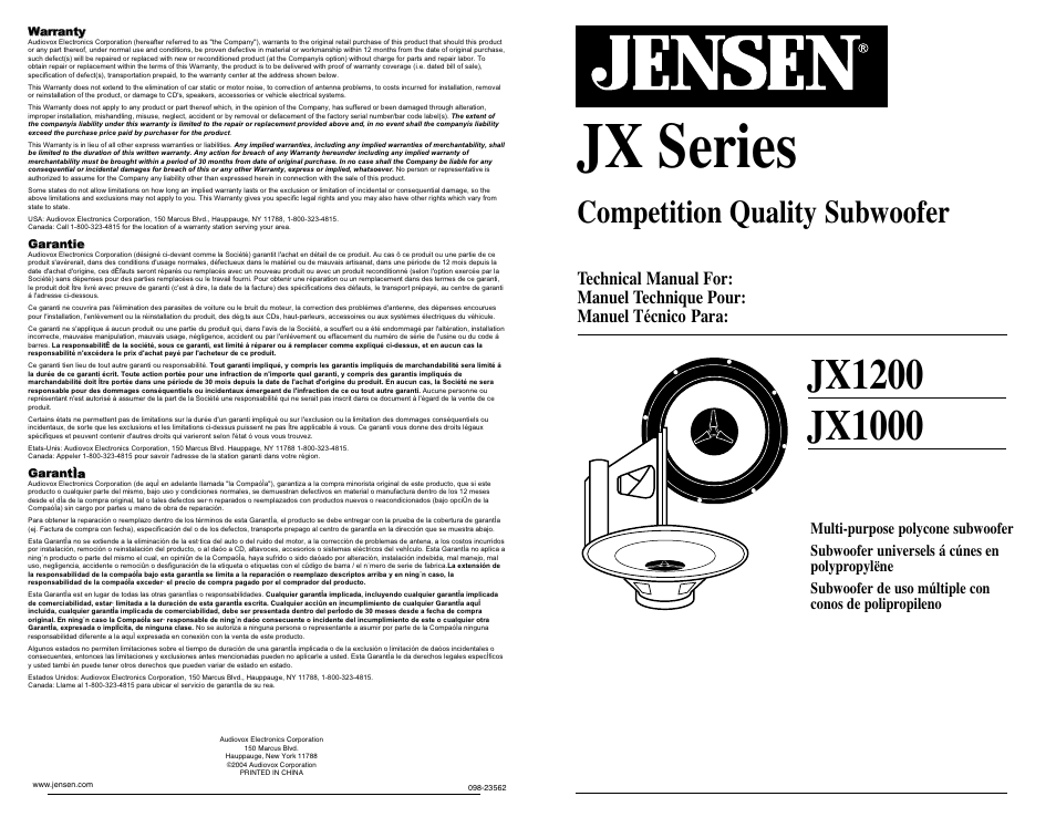Jensen JX1000 User Manual | 6 pages