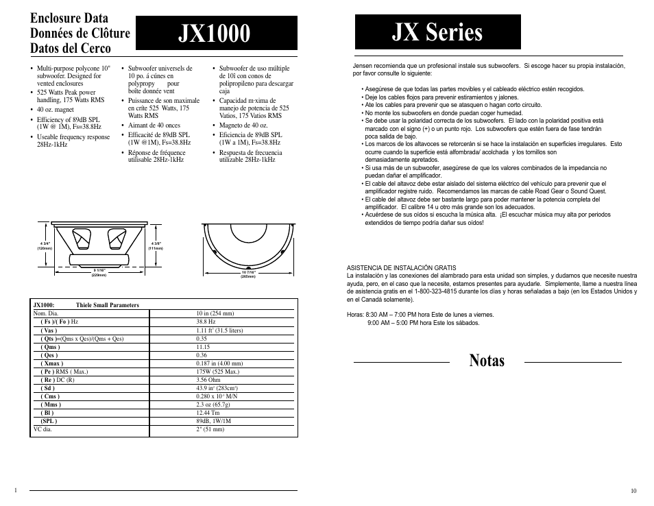 Jx1000, Jx series, Notas | Enclosure data données de clôture datos del cerco | Jensen JX1000 User Manual | Page 2 / 6
