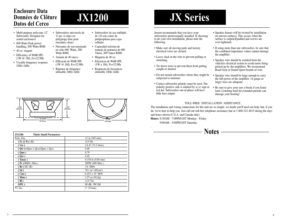 Jx1200, Jx series, Enclosure data données de clôture datos del cerco | Jensen JX1000 User Manual | Page 4 / 6