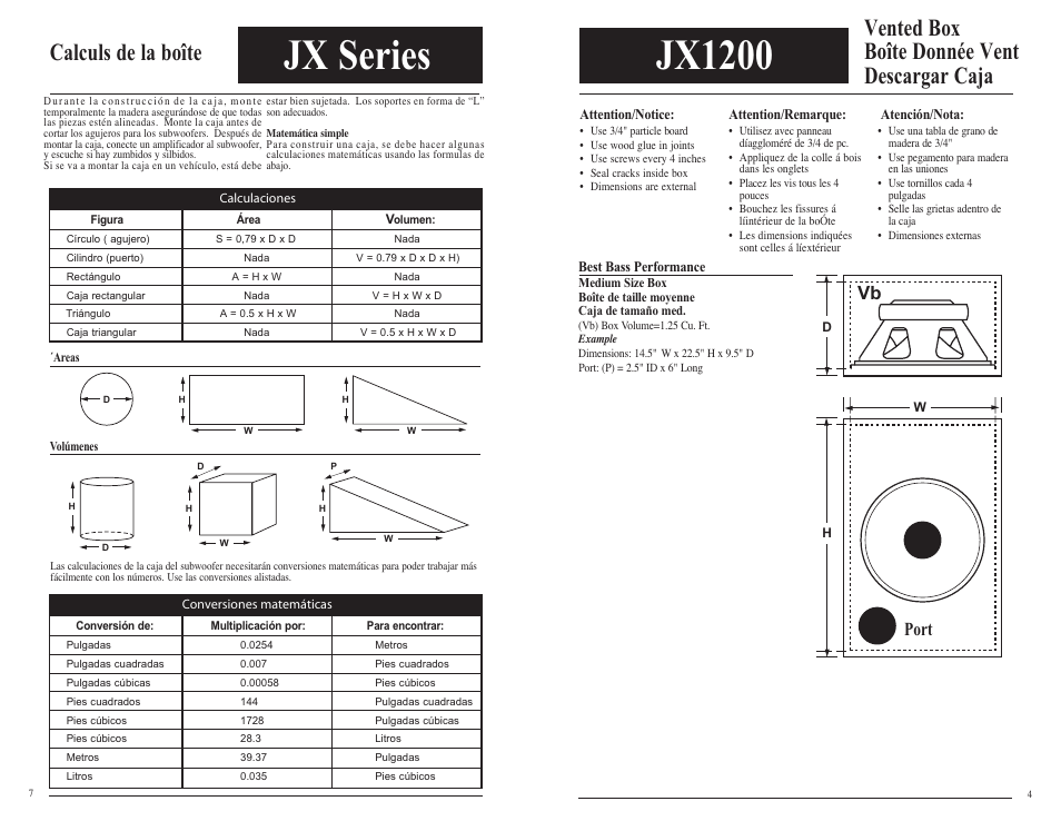 Jx1200, Jx series, Vented box boîte donnée vent descargar caja | Calculs de la boîte, Port | Jensen JX1000 User Manual | Page 5 / 6