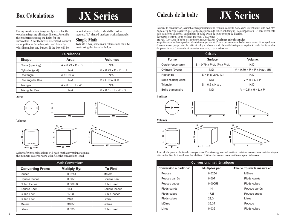 Jx series, Box calculations, Calculs de la boîte | Simple math | Jensen JX1000 User Manual | Page 6 / 6