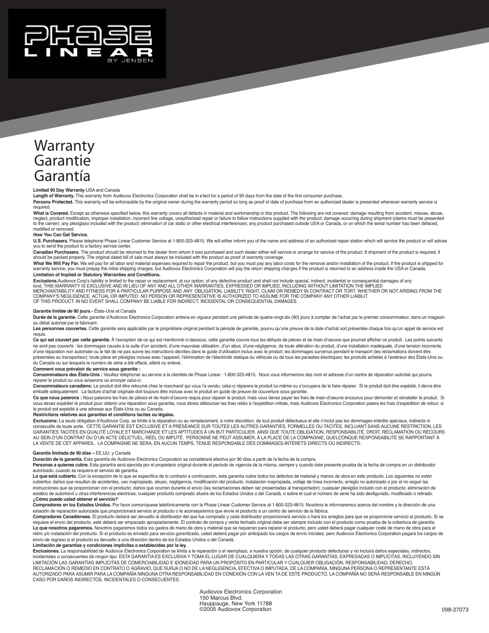 Warranty garantie garantía | Jensen Phase Linear US268 User Manual | Page 4 / 4