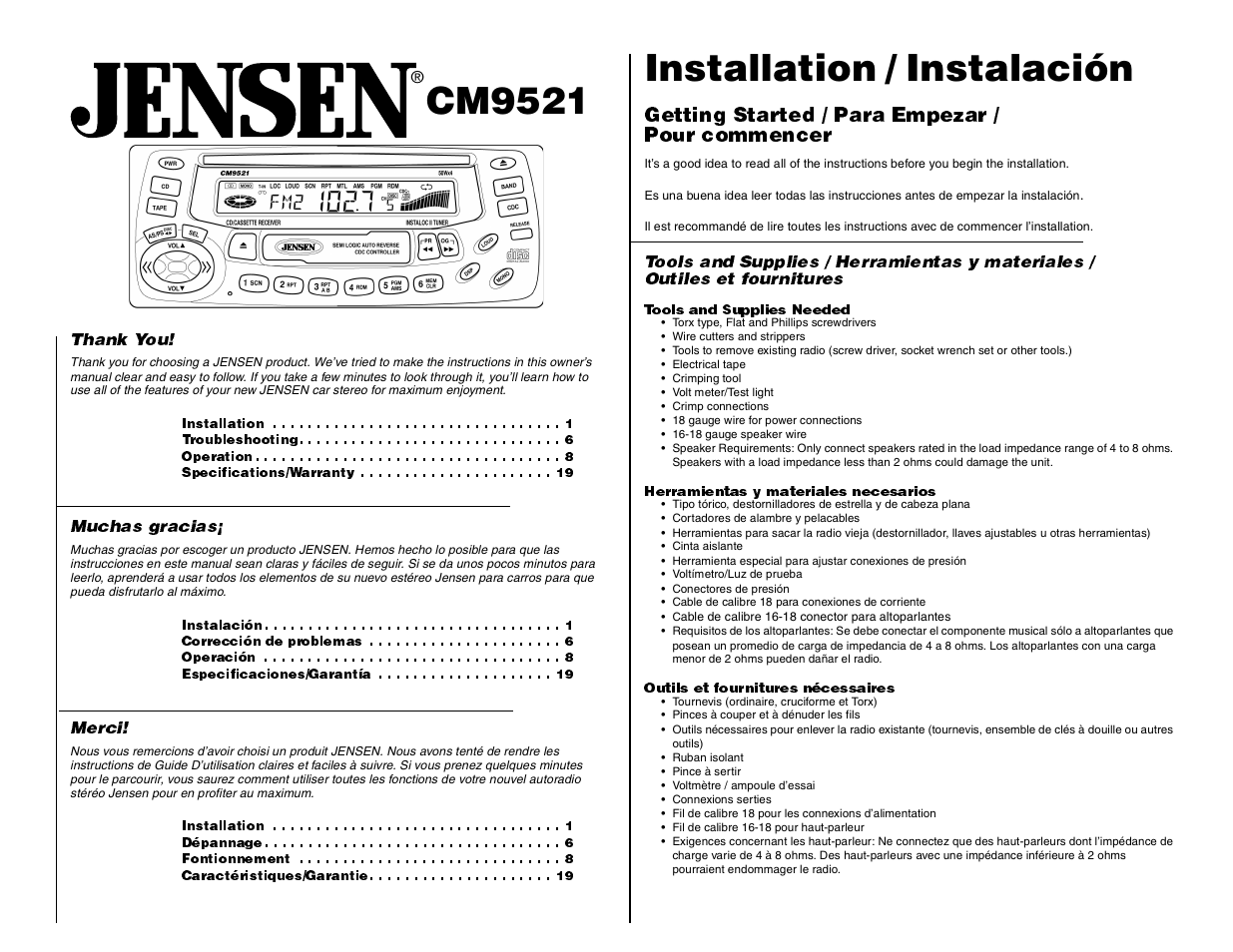 Jensen CM9521 User Manual | 17 pages