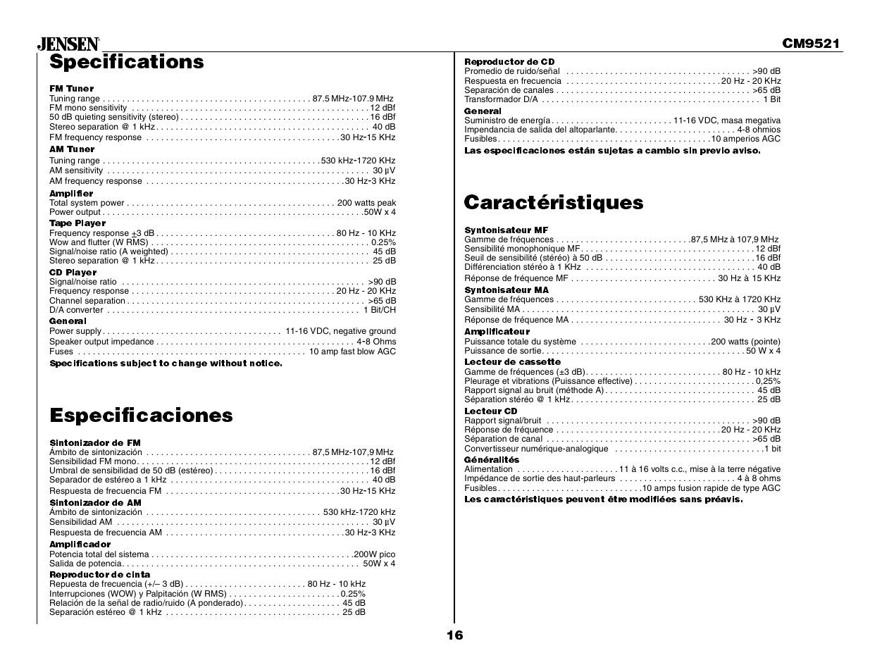 Specifications, Especificaciones, Caractéristiques | Jensen CM9521 User Manual | Page 16 / 17