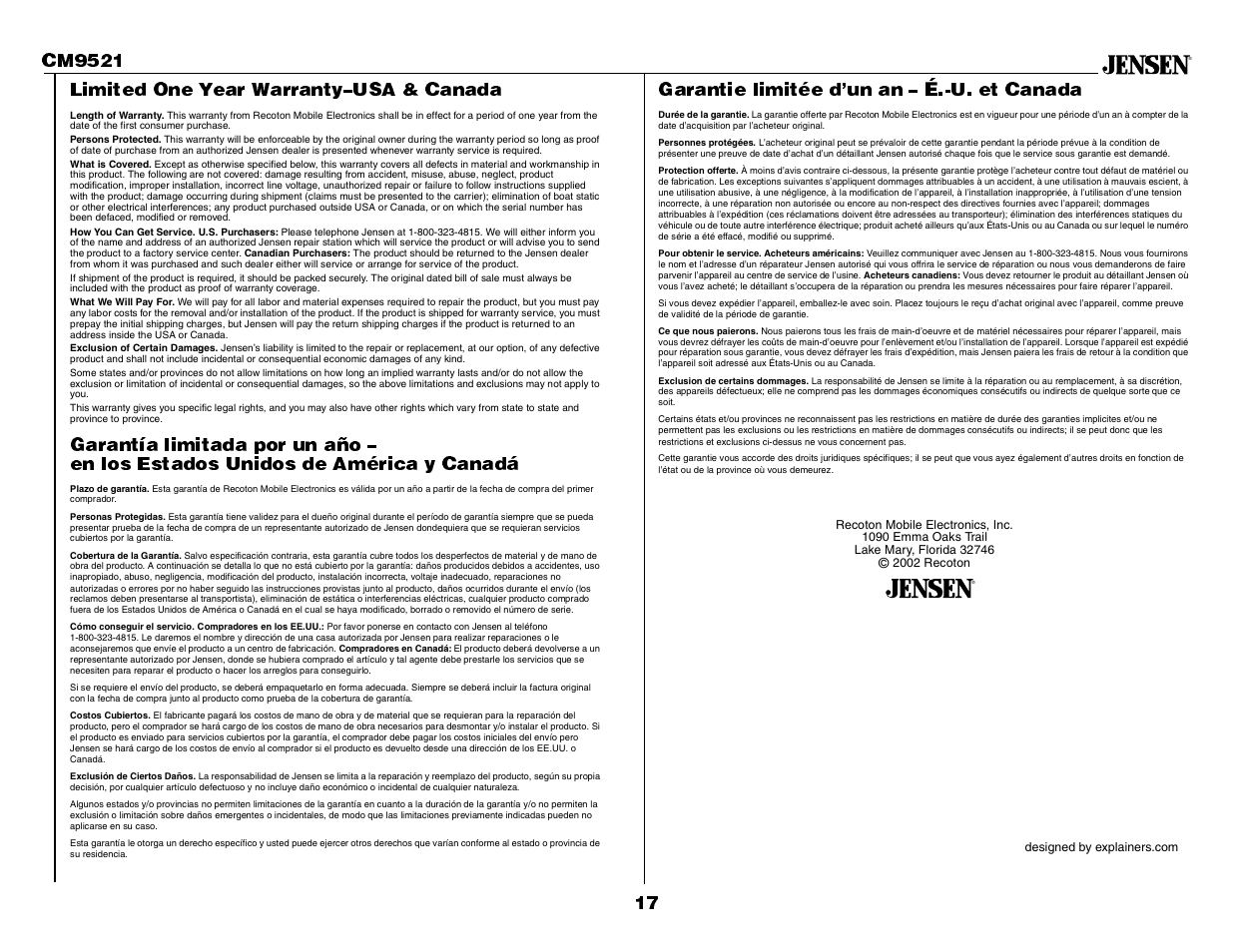 Limited one year warrantyusa & canada, Garantie limitée dun an  é.-u. et canada | Jensen CM9521 User Manual | Page 17 / 17