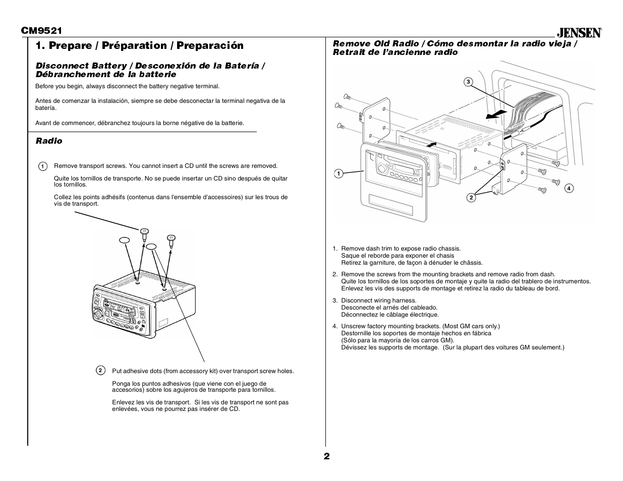 Prepare / préparation / preparación | Jensen CM9521 User Manual | Page 2 / 17