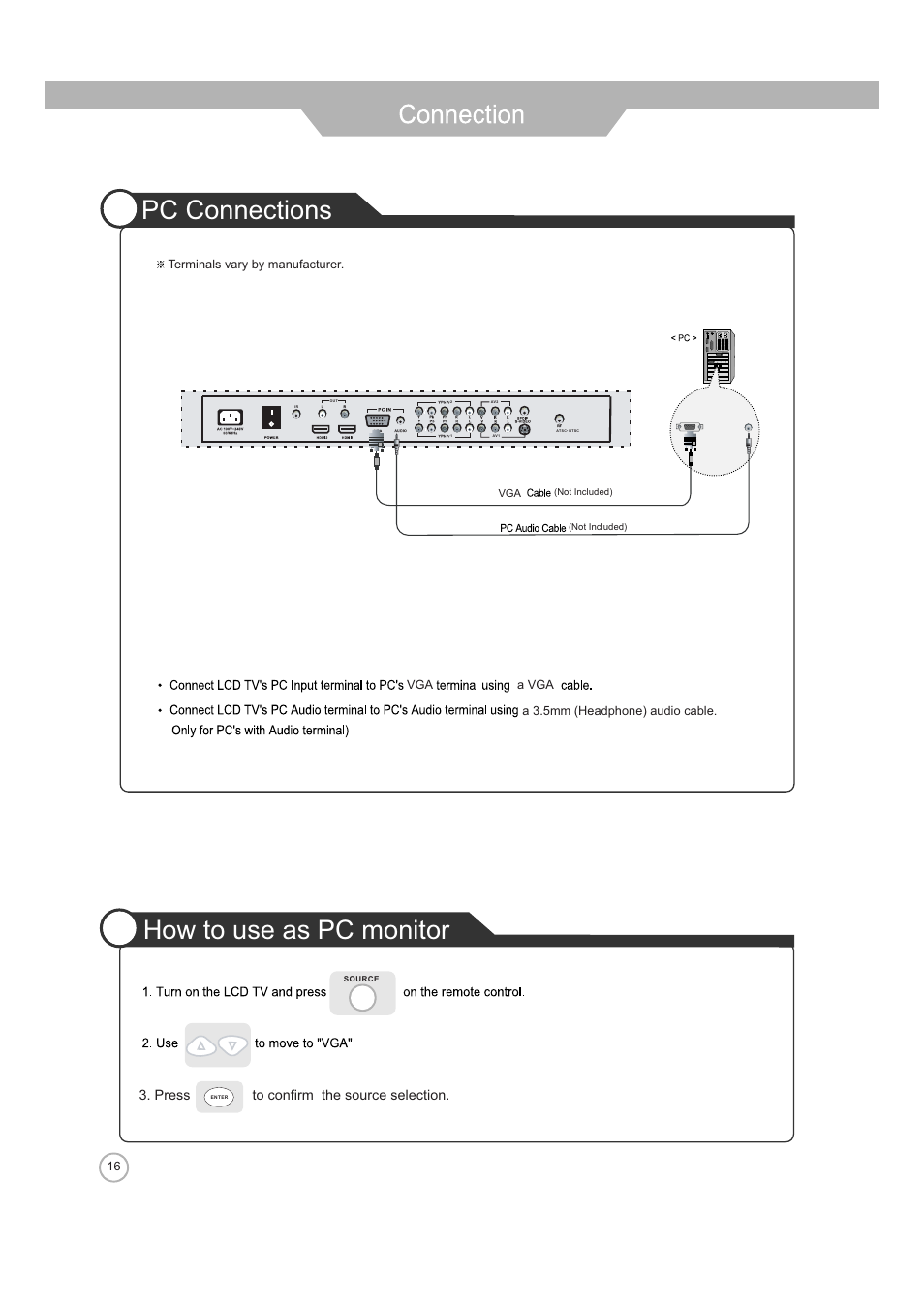 Pc connections how to use as pc monitor, Press to confirm the source selection | Jensen JE2608WV User Manual | Page 16 / 35