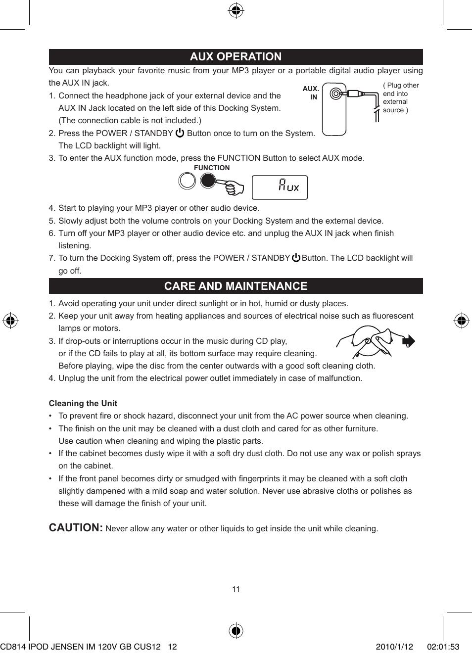 Aux operation, Care and maintenance, Caution | Jensen JiSS-115 User Manual | Page 12 / 14