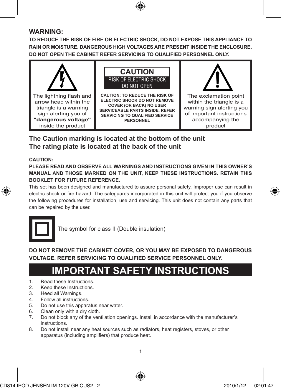 Important safety instructions, Caution, Warning | Jensen JiSS-115 User Manual | Page 2 / 14