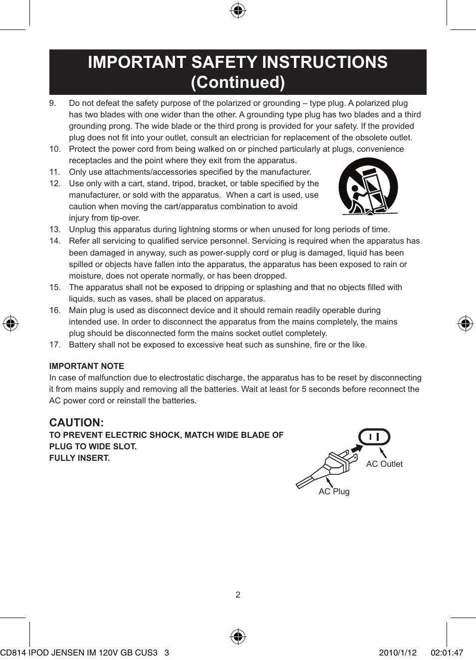 Important safety instructions (continued), Caution | Jensen JiSS-115 User Manual | Page 3 / 14
