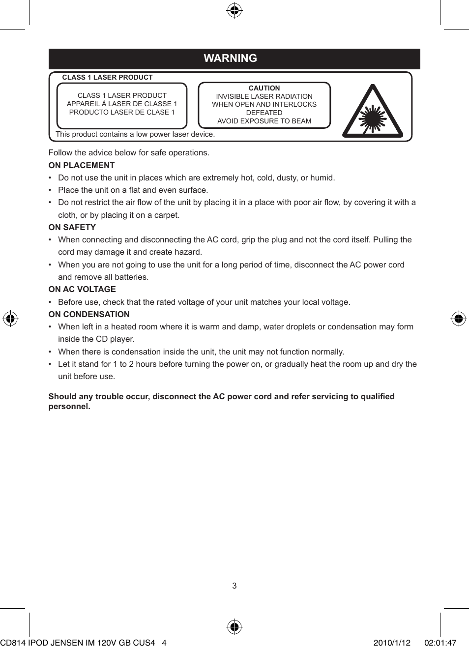Warning | Jensen JiSS-115 User Manual | Page 4 / 14