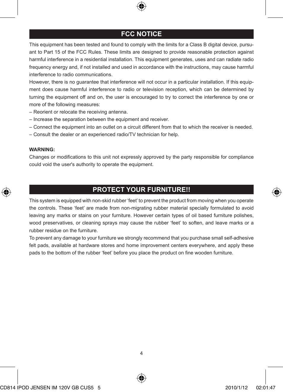 Fcc notice, Protect your furniture | Jensen JiSS-115 User Manual | Page 5 / 14