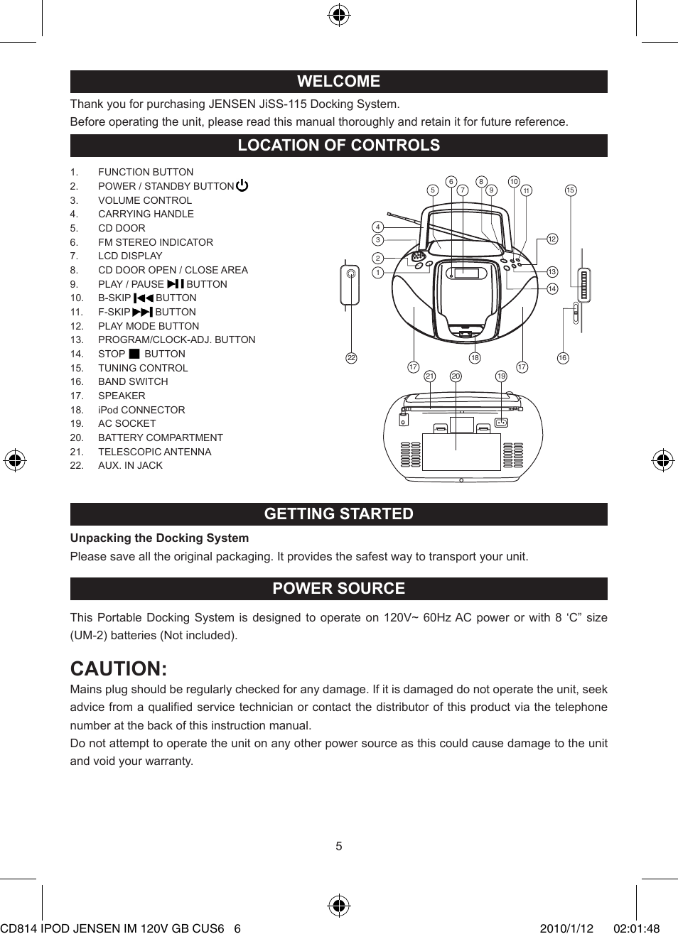 Caution, Welcome, Getting started | Power source, Location of controls | Jensen JiSS-115 User Manual | Page 6 / 14