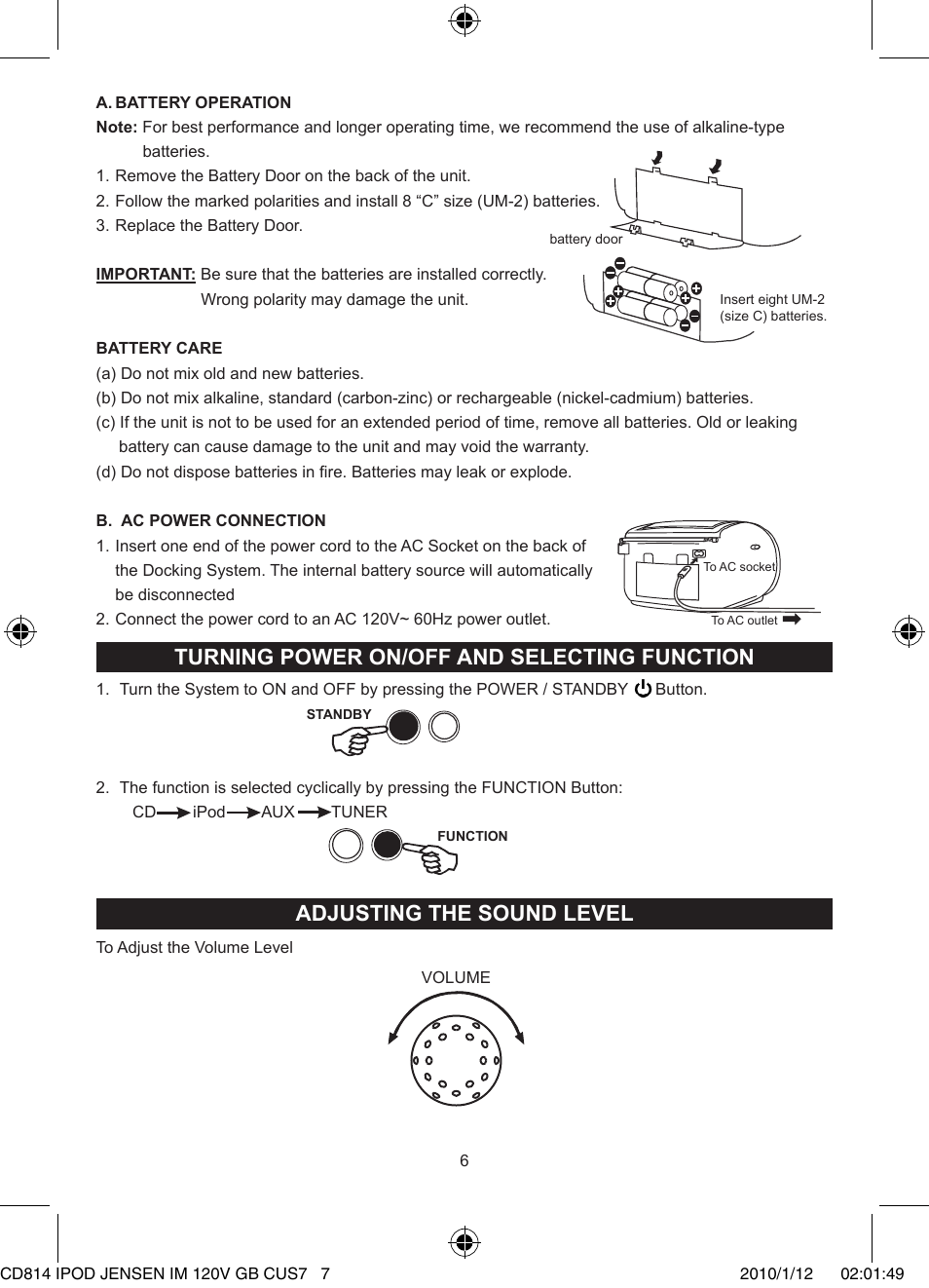 Turning power on/off and selecting function, Adjusting the sound level | Jensen JiSS-115 User Manual | Page 7 / 14