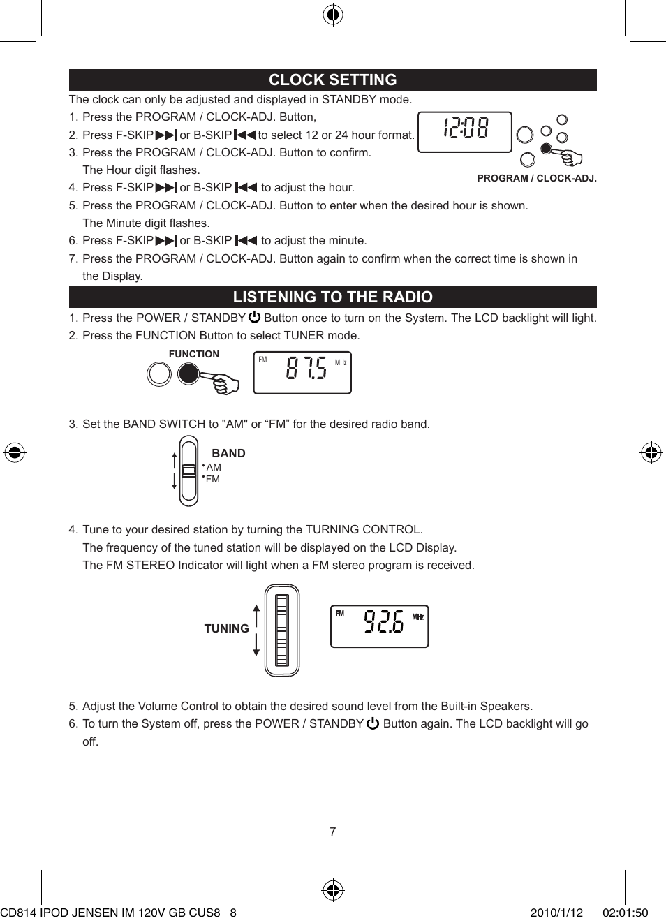 Clock setting, Listening to the radio | Jensen JiSS-115 User Manual | Page 8 / 14