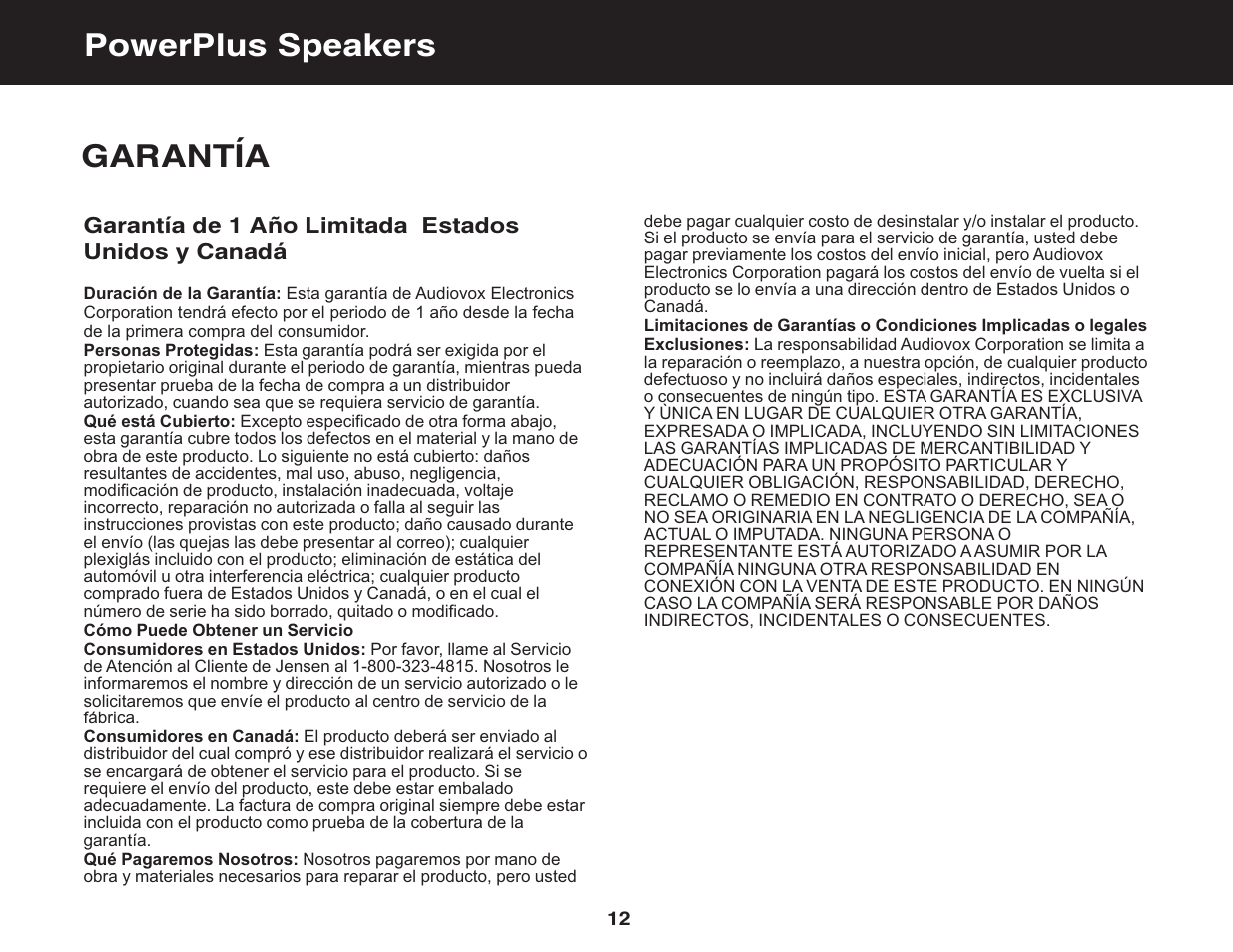 Garantía, Powerplus speakers | Jensen PowerPlus 682 User Manual | Page 14 / 22
