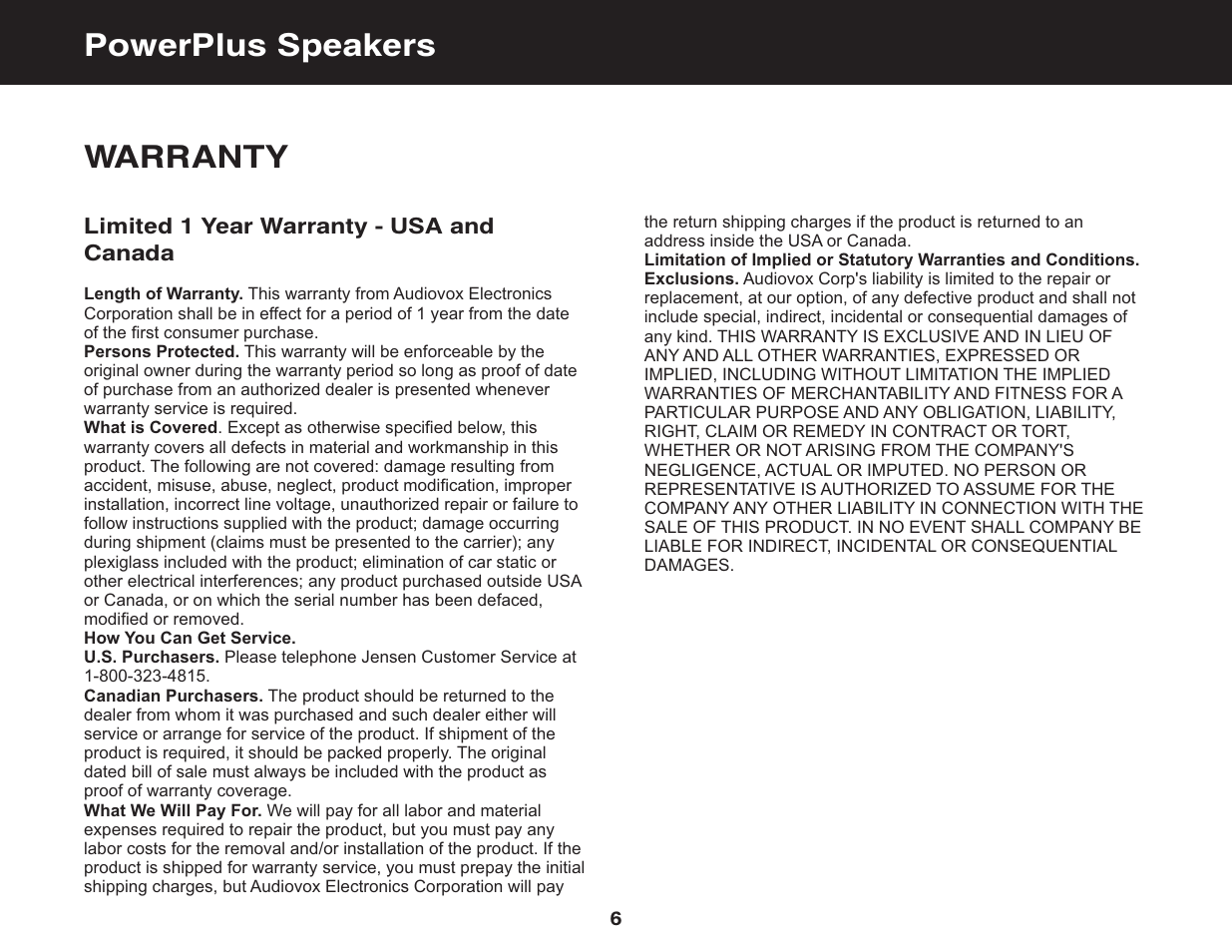 Powerplus speakers warranty | Jensen PowerPlus 682 User Manual | Page 8 / 22