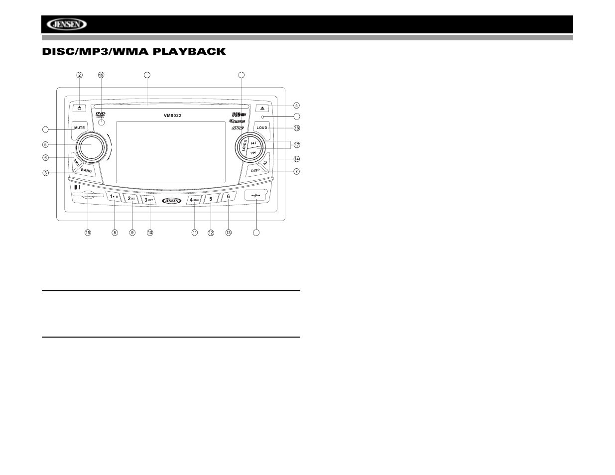 Vm8022, Disc/mp3/wma playback | Jensen VM8022 User Manual | Page 12 / 24