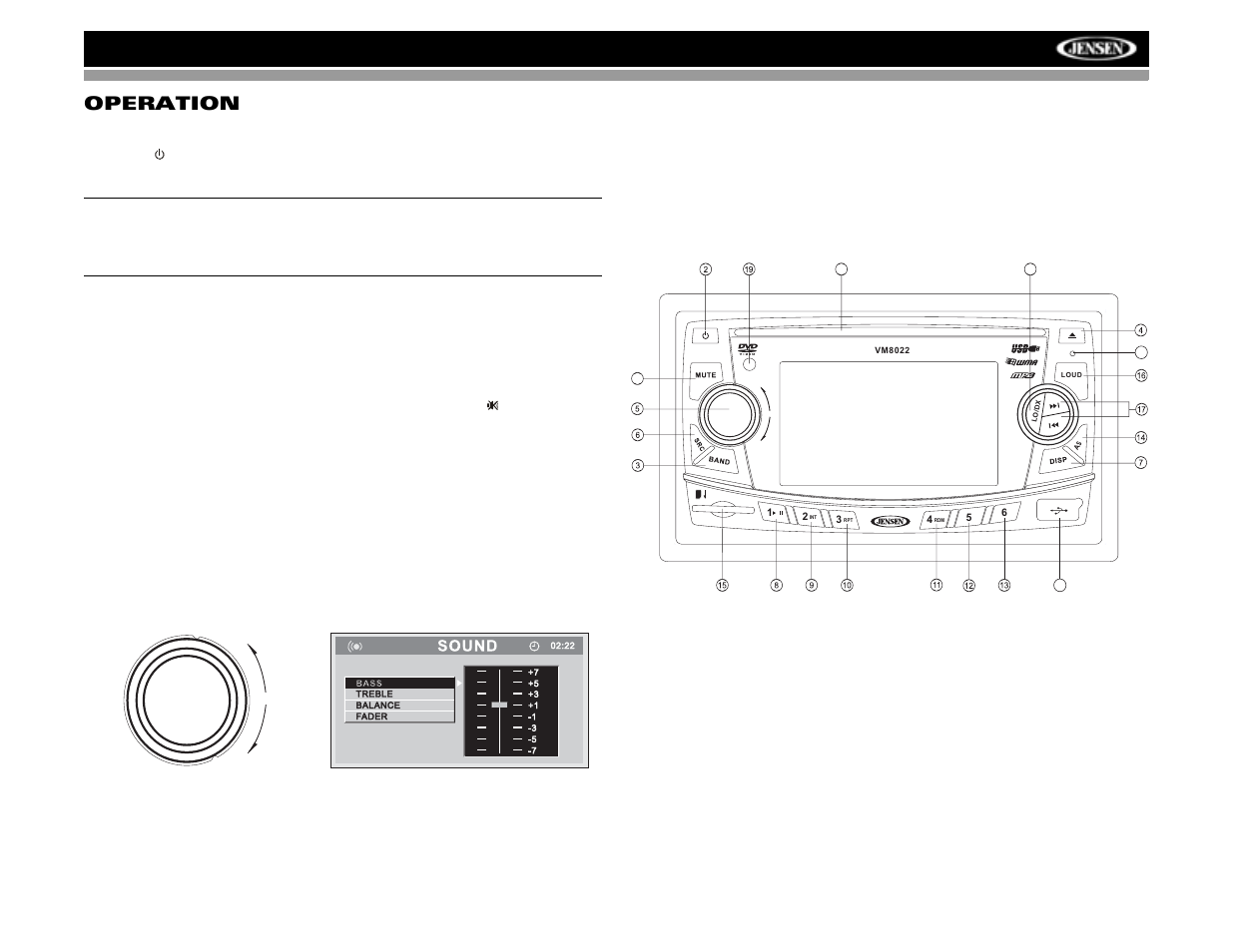 Vm8022, Operation | Jensen VM8022 User Manual | Page 9 / 24