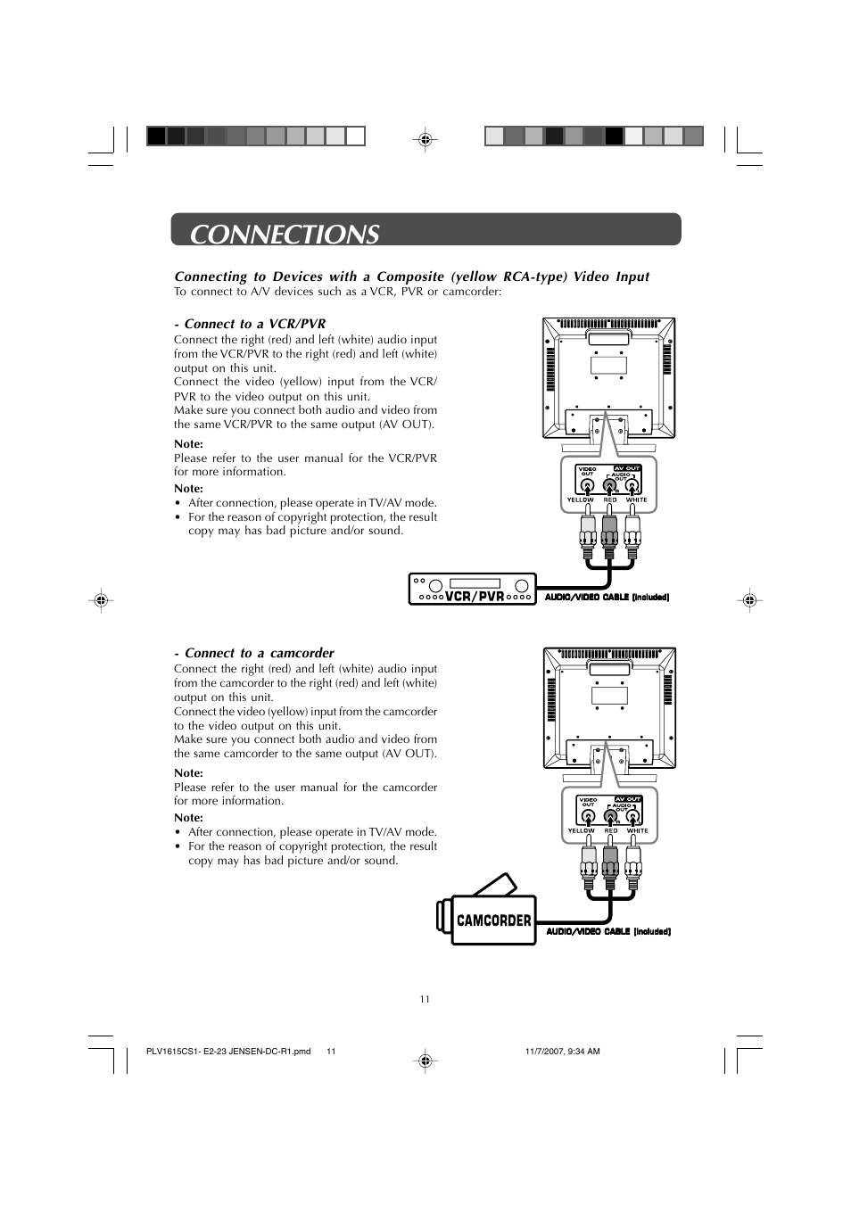 Connections, Connect to a camcorder, Connect to a vcr/pvr | Jensen JE1508 User Manual | Page 11 / 24