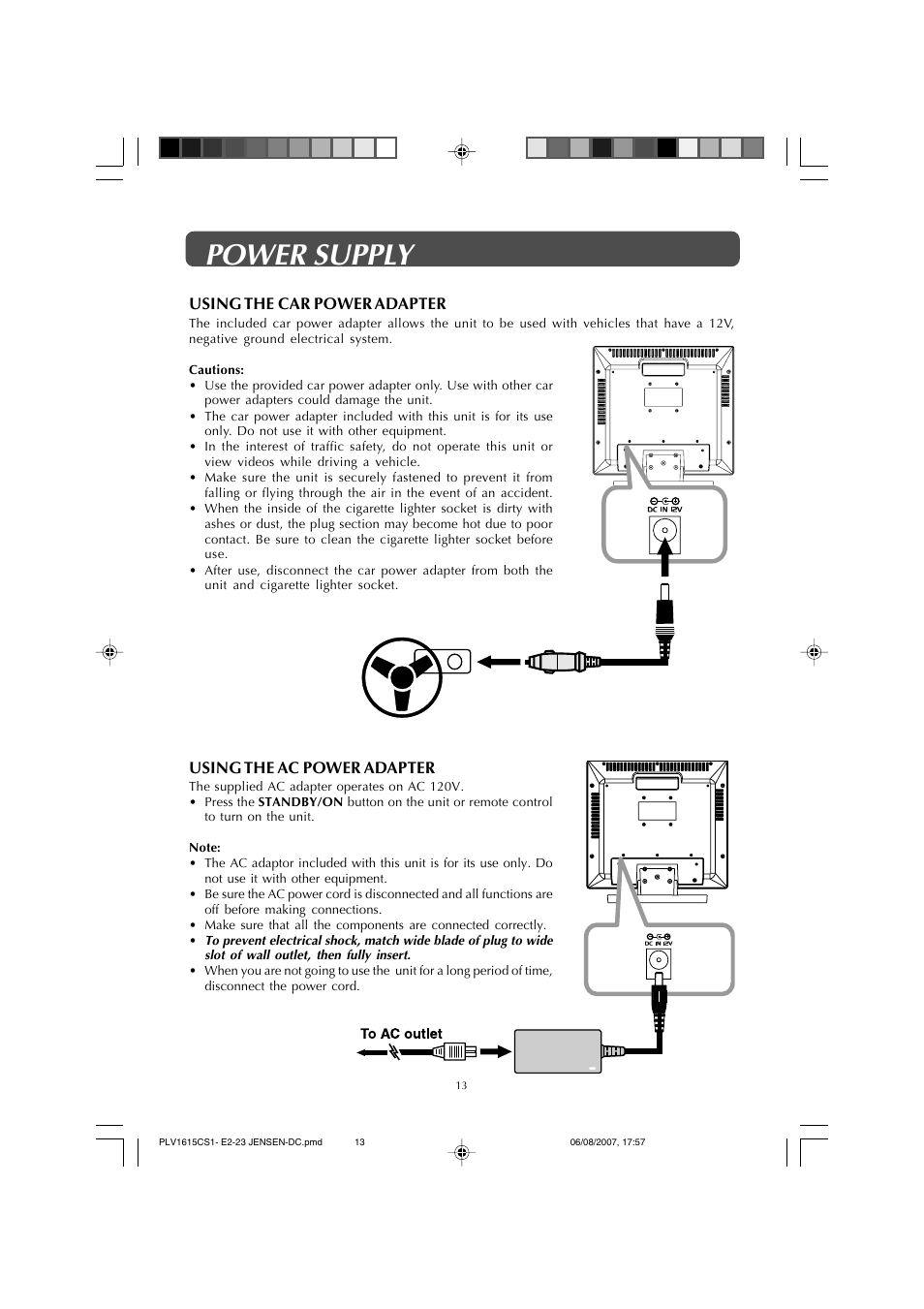 Power supply, Using the car power adapter, Using the ac power adapter | Jensen JE1508 User Manual | Page 13 / 24