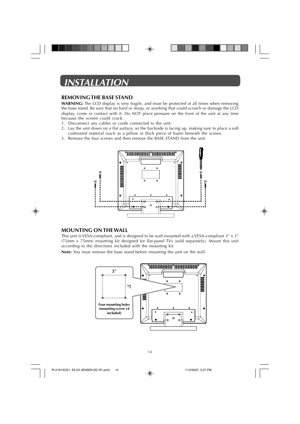 Installation, Mounting on the wall, Removing the base stand | Jensen JE1508 User Manual | Page 14 / 24