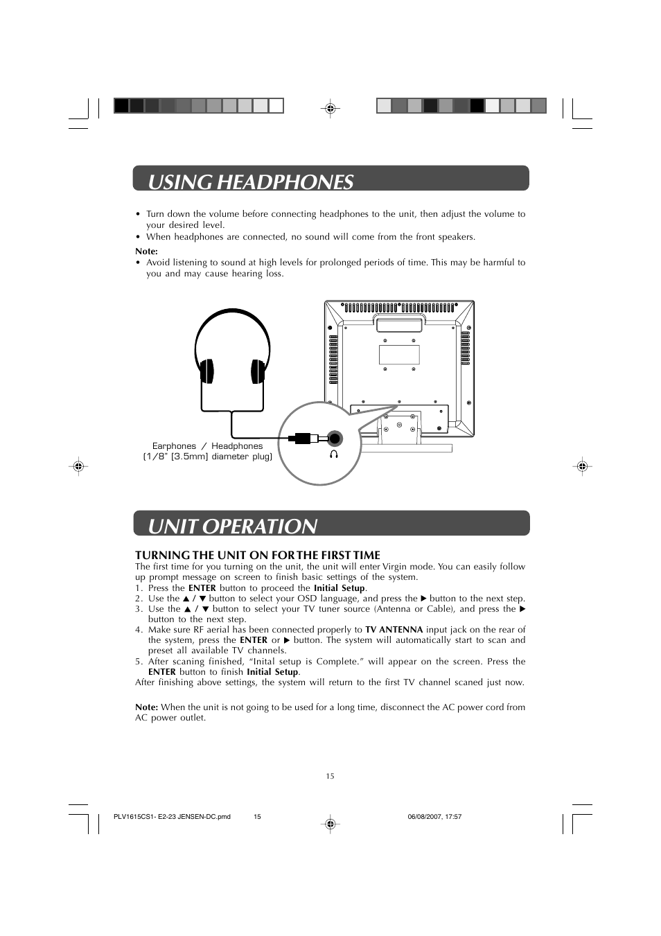 Using headphones unit operation | Jensen JE1508 User Manual | Page 15 / 24