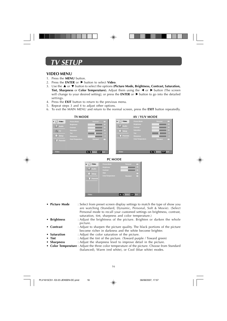 Tv setup, Video menu | Jensen JE1508 User Manual | Page 16 / 24