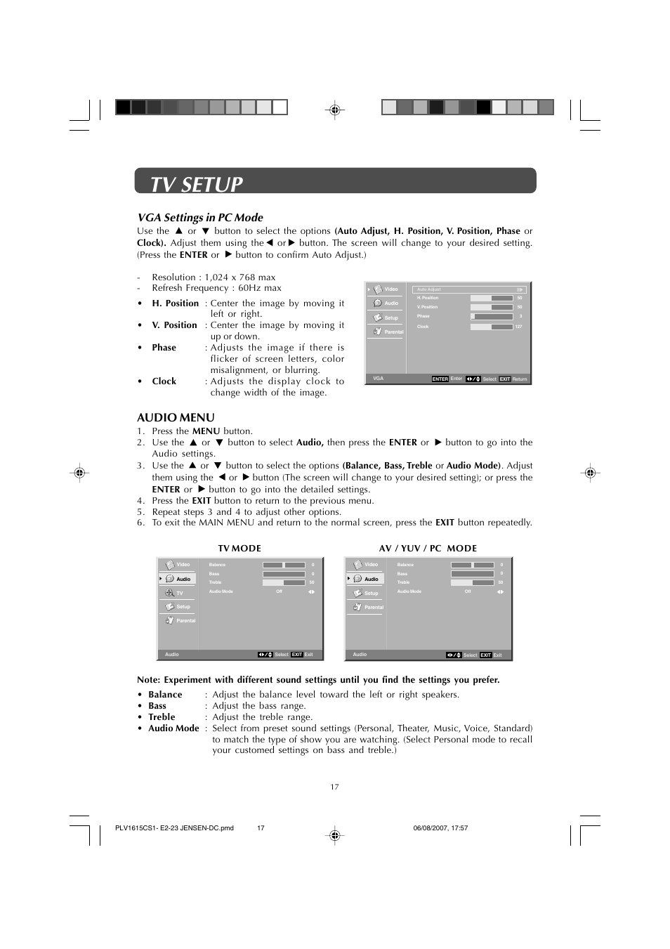 Tv setup, Audio menu, Vga settings in pc mode | Jensen JE1508 User Manual | Page 17 / 24
