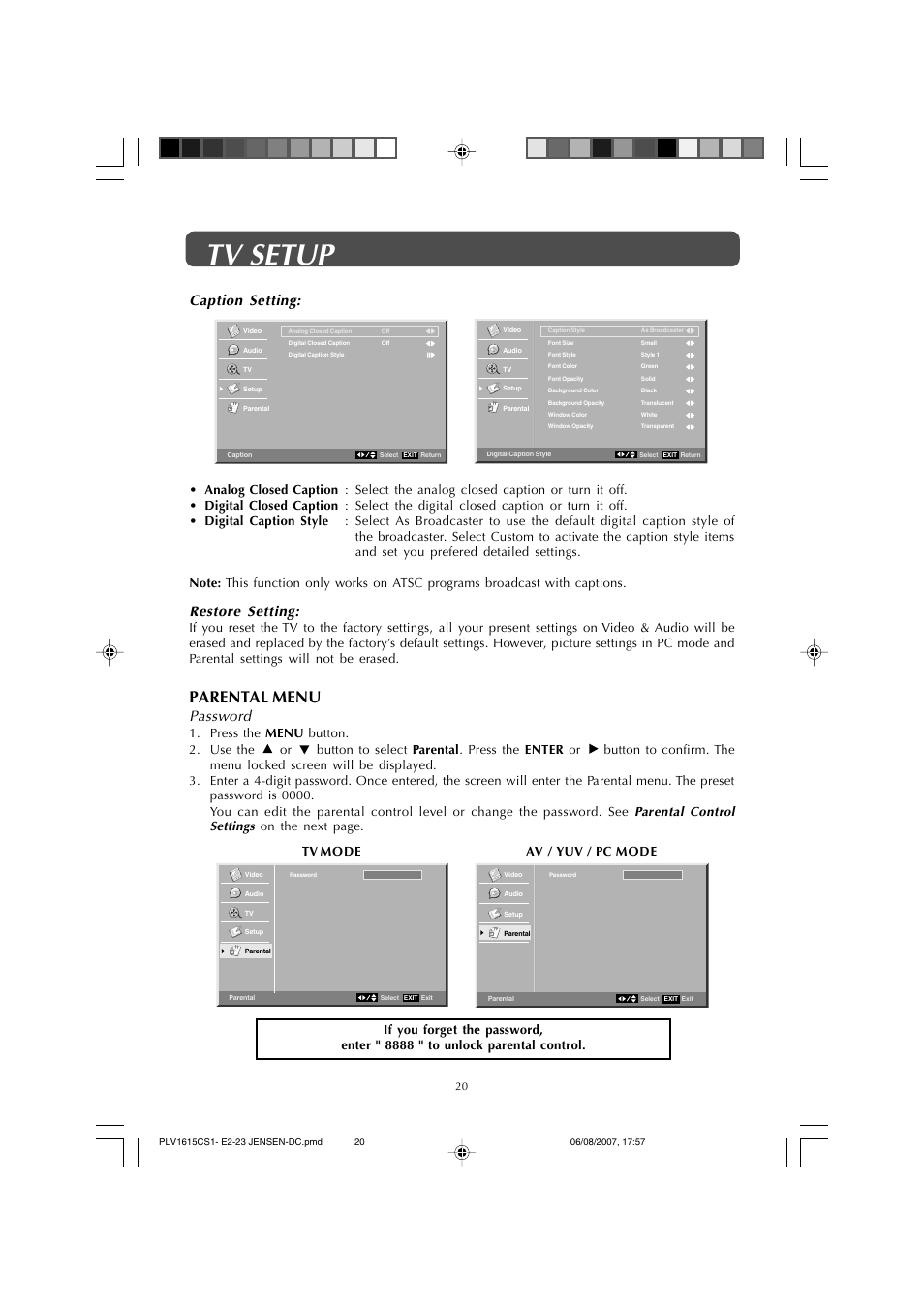 Tv setup, Parental menu, Password | Restore setting, Caption setting | Jensen JE1508 User Manual | Page 20 / 24