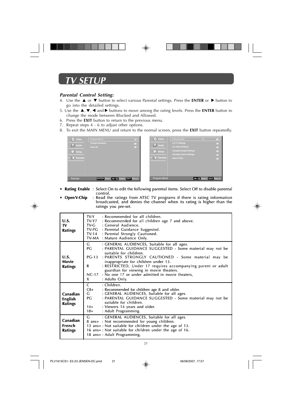 Tv setup, Parental control setting | Jensen JE1508 User Manual | Page 21 / 24