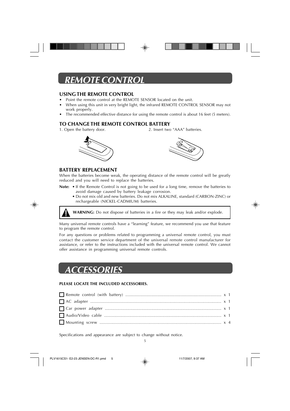 Remote control accessories | Jensen JE1508 User Manual | Page 5 / 24