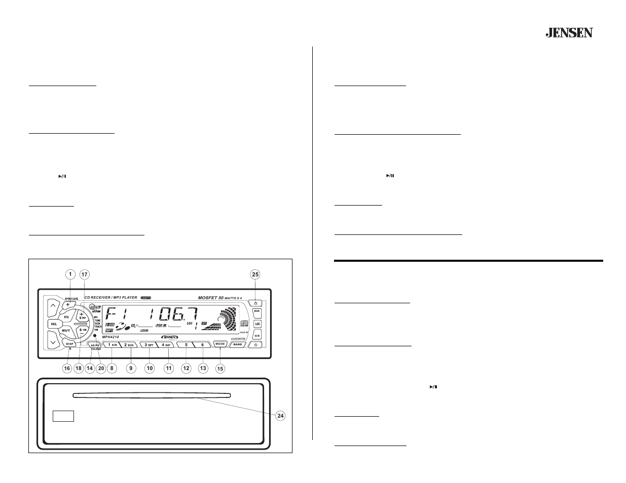 Mph4210, Cd player operation, Operación del reproductor de cd | Fonctionnement du lecteur cd | Jensen MPH4210 User Manual | Page 13 / 20