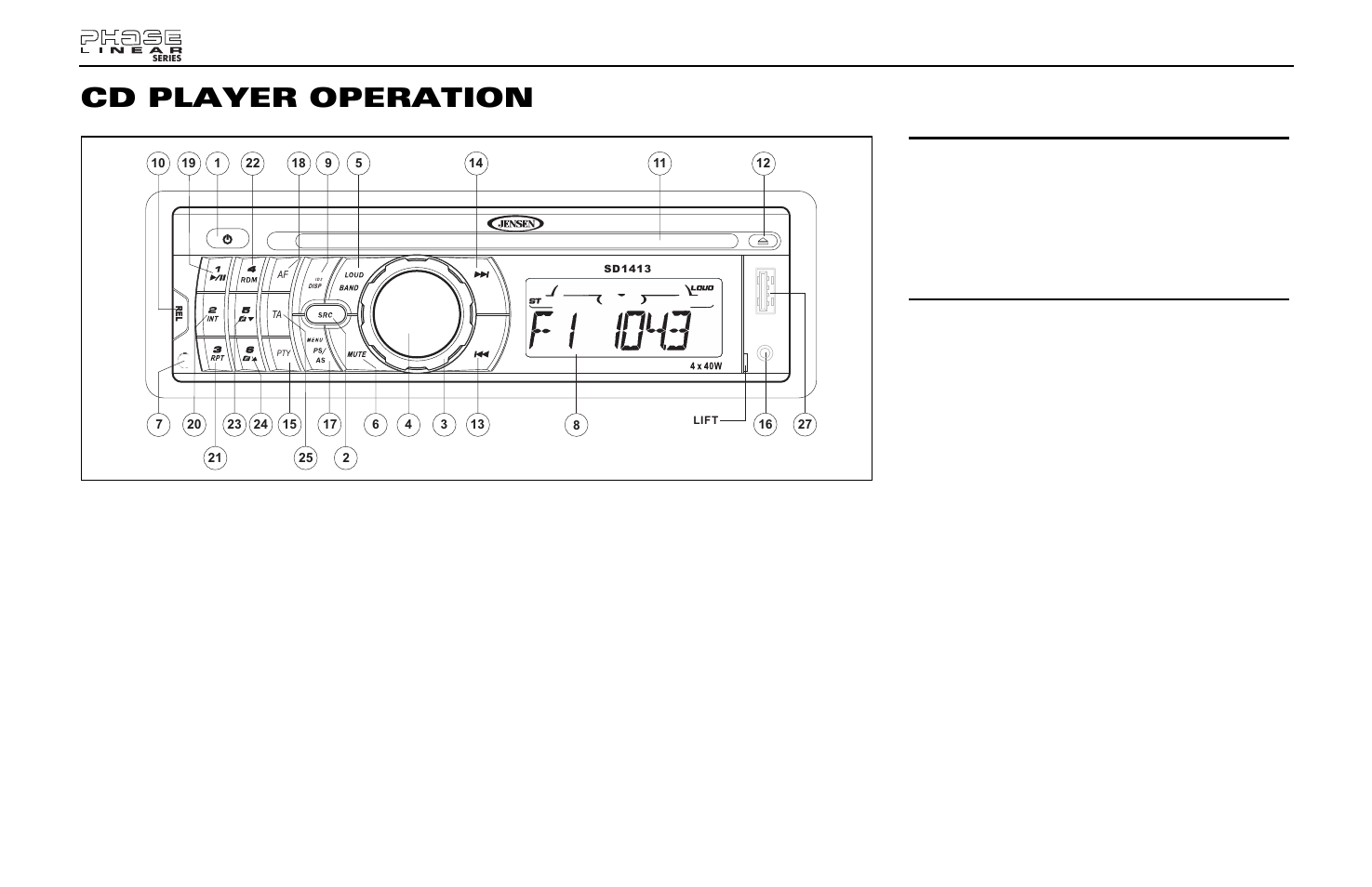 Cd player operation, Insert cd, Track select | Play/pause, Disc intro scan (int), Sd1413 | Jensen Phase Linear SD1413 User Manual | Page 10 / 23