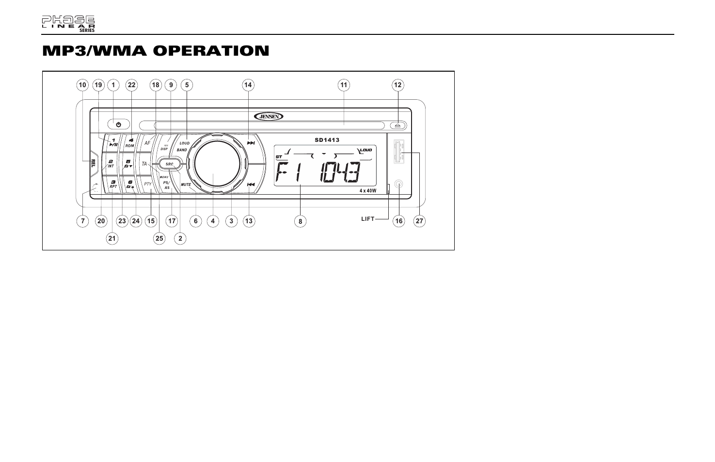 Mp3/wma operation, Pause, Track select | Navigating folders, Intro scan (int), Repeat (rpt), Random (rdm), Mp3/wma file or folder search, Sd1413 | Jensen Phase Linear SD1413 User Manual | Page 14 / 23