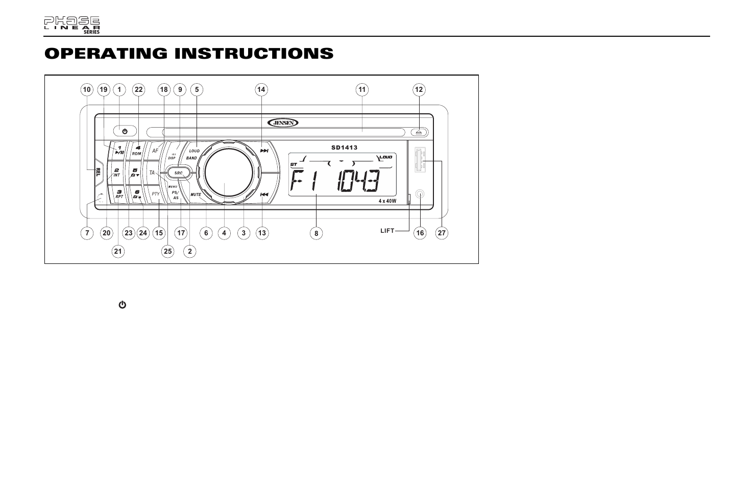 Operating instructions, Power, Source | Volume | Jensen Phase Linear SD1413 User Manual | Page 4 / 23