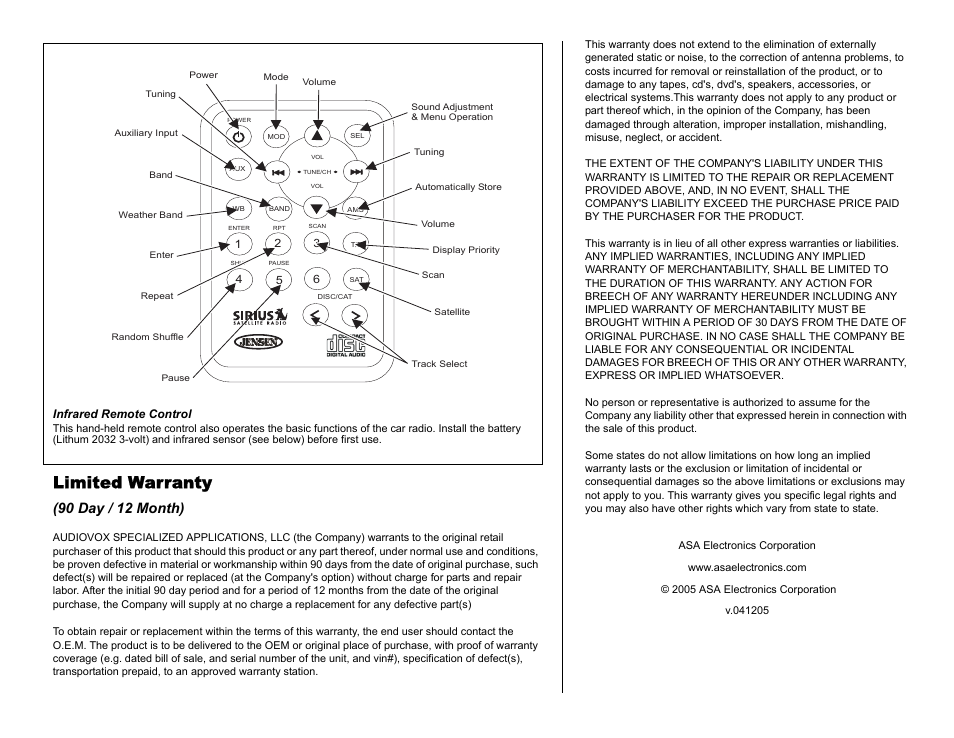 Limited warranty, 90 day / 12 month) | Jensen VR185 User Manual | Page 2 / 2